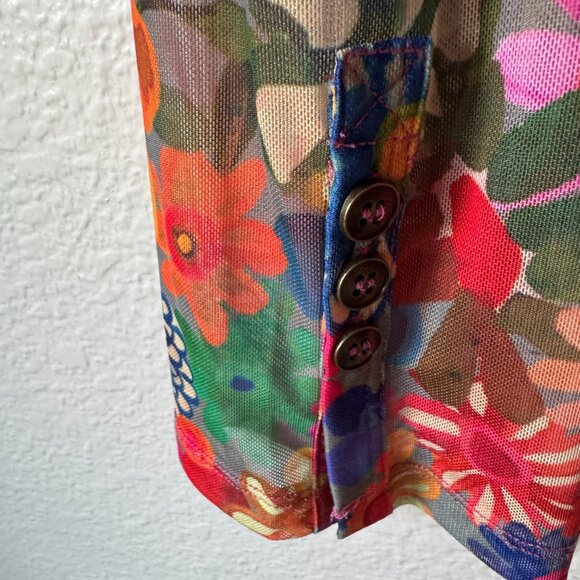 Natural Life Sz XL Carina Mesh Top Vivid Floral Flower Power Fitted Low V Sheer - Picture 12 of 16
